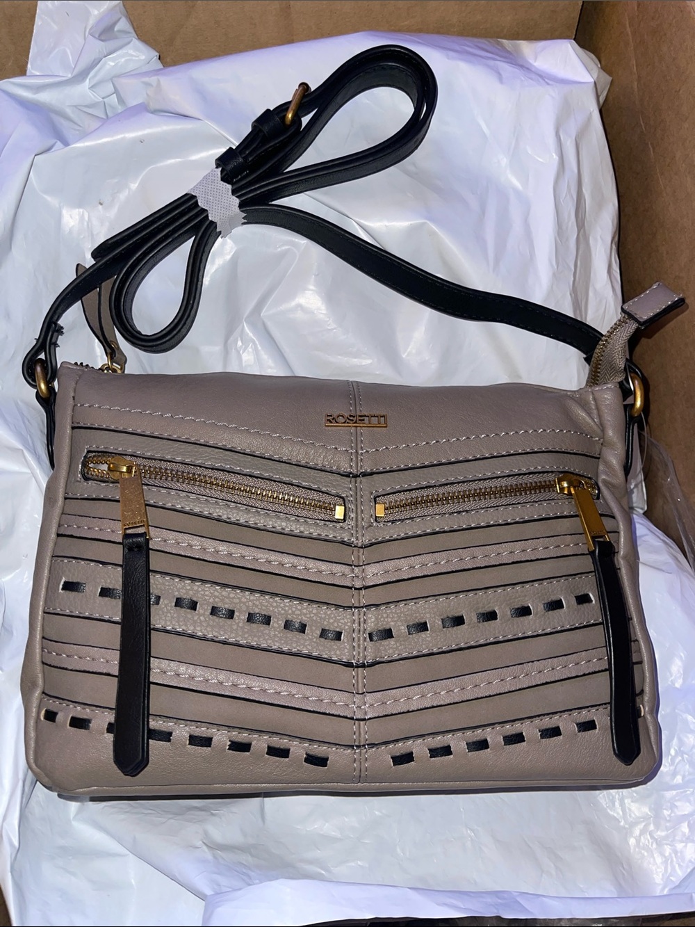 Rosetti Taupe Crossbody with Black Accents and Gold Hardware - Picture 2 of 6
